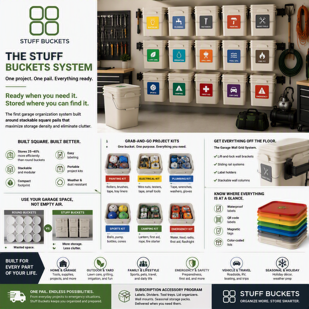 Modern garage organized with Stuff Buckets